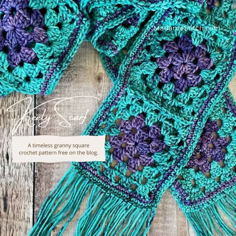 The perfect crochet granny square scarf pattern for beginners | MadameStitch Granny Sqare Scarf, Free Granny Square Scarf Pattern, Granny Square Scarves, Granny Square Scarf Crochet Pattern, Granny Square Scarf Crochet, Crochet Granny Square Scarf Pattern Free, Granny Square Crochet Scarf, Granny Square Scarf Pattern Free, Granny Stitch Scarf