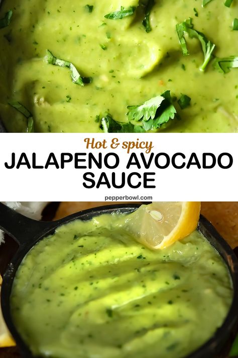 Avocado Crema Tacos, Guacamole Taco Sauce, Mexican Avocado Sauce, Avacado Sauce Taco, Avocado Sauce For Burgers, Guacamole Sauce Creamy, Aip Taco Sauce, Jalapeno Avocado Salsa, Jalapeno Sauce For Tacos