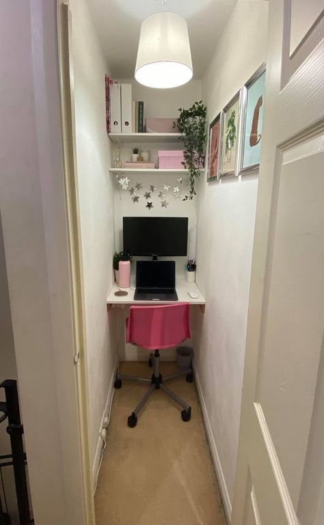 Woman transforms tiny hallway cupboard into chic office for a FIVER - but people are worried about how she gets in & out Small Closet Office Ideas Workspaces, Tiny Closet Office Ideas, Office Idea For Small Space, Home Office In Cupboard, Tiny Space Office Ideas, Cupboard Office Ideas, Small Office Room Ideas Home, Office In A Cupboard, Tiny Home Office Space