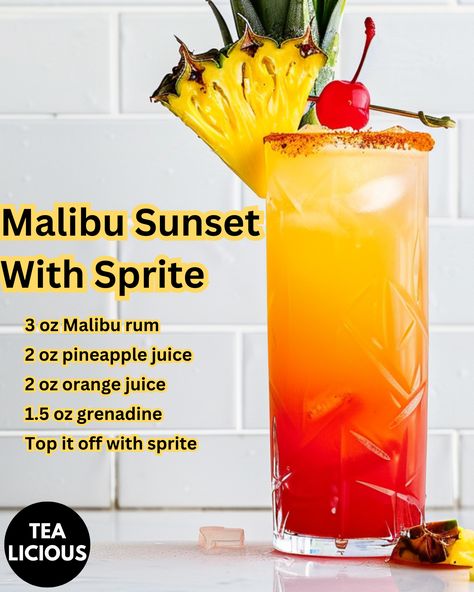 Malibu Sunset With Sprite Drinks Alcohol Recipes Malibu, Alcohol Lemonade Drinks, Vodka And Sprite Drinks, Mixed Drinks With Pineapple Juice, Yellow Alcoholic Drinks, Malibu Drinks Recipes, Malibu Coconut Rum Drinks, Malibu Sunset Cocktail Recipe, Malibu Rum Drinks Recipes