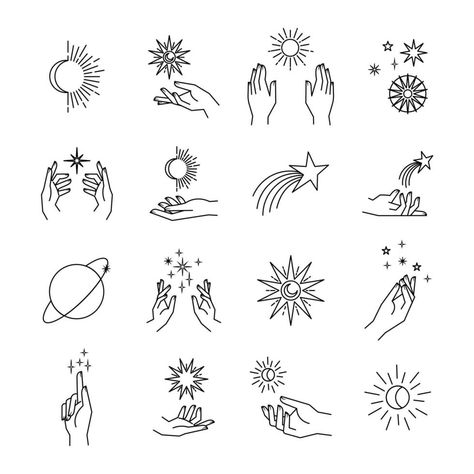 Aesthetic hands and cosmic and celestial elements. Universal cosmos related icons. Linear vector illustrations. Magic and Witchcraft symbology. Magic Icons Aesthetic, Celestial Art Illustrations, Cute Moon Drawing, Celestial Aesthetic Art, Cosmic Branding, Celestial Drawings, Cosmic Illustrations, Psychic Art, Spiritual Icons