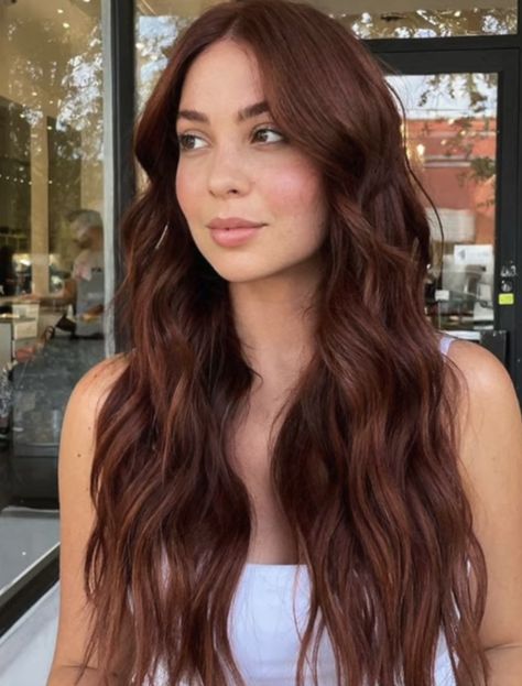 Auburn Brown Hair Fair Skin, Rust Brown Hair Color, Red Tint Brunette Hair, Reddish Chestnut Brown Hair, Dark Copper On Brown Skin, Dimensional Brunette Auburn, Dark Brown To Chestnut Brown, Fall Hair Short Brunette, Deep Auburn Balayage