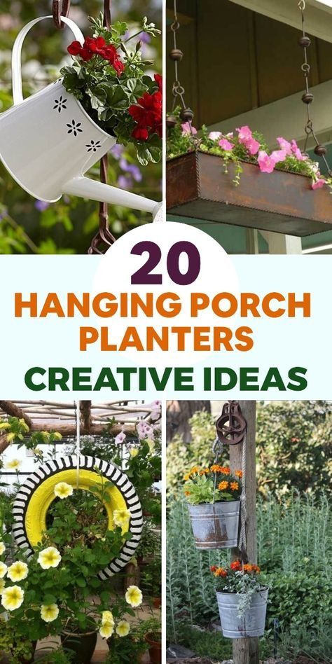 DIY Hanging Porch Flower Planters Pulley Plant Hanger Diy, Diy Hanging Planter Outdoor Front Porches Plant Hangers, Creative Hanging Planters, Hanging Garden Decor, Hanging Pots Diy, Recycled Garden Planters, Small Garden Plans, Plant Stand Ideas, Hanging Planter Boxes