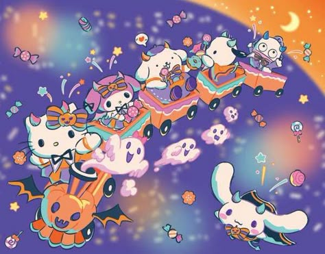 Sanrio Desktop, Halloween Sanrio, Hello Kitty Halloween Wallpaper, Sanrio Halloween, Shadow And Amy, Hello Kitty Videos, Halloween Group, Halloween Wallpapers, Cute Sanrio