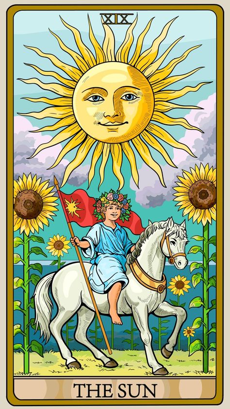 Tarot Cards Art Illustration, Sagittarius Tattoo Designs, The Sun Tarot Card, Tarot Significado, The Sun Tarot, Learning Tarot Cards, Angel Oracle Cards, Esoteric Art, Spirit Science