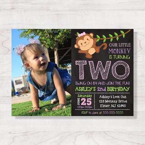 Monkey Birthday Invitation personalized with your party information. A ready to print file will be emailed to you within 1-3 business days. You can print it yourself as many copies as needed or send it online to your guests! Monkey Invitations, Monkey First Birthday, Birthday Monkey, 2nd Birthday Girl, Birthday Invitation With Photo, Monkey Party, Monkey Baby Shower, Monkey 2, Monkey Birthday