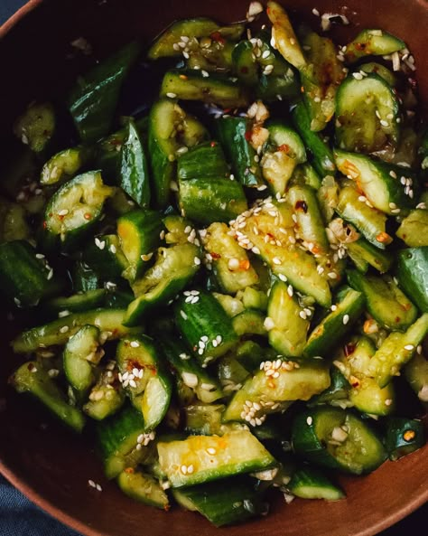 Smacked Cucumber Salad 拍黄瓜 Asian Cucumber Recipe, Smacked Cucumber, Sichuan Chili Oil, Chinese Side Dishes, Smashed Cucumber Salad, Starter Dishes, Black Vinegar, Japanese Cucumber, Chinese Restaurants