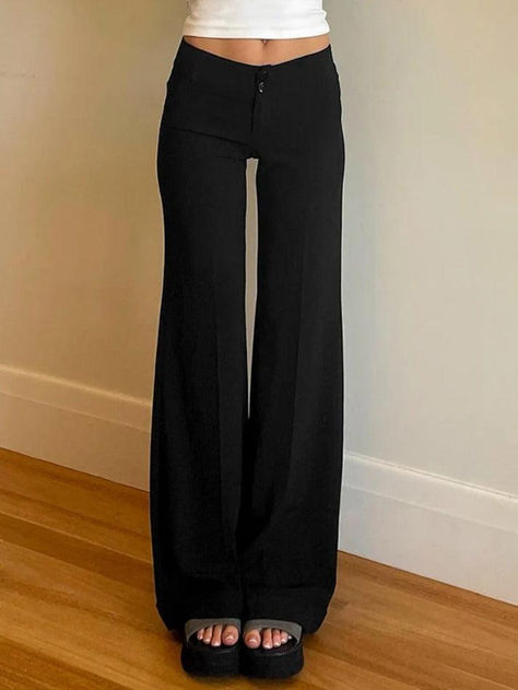 Solid High Rise Flared Straight Leg Pants - AnotherChill Low Rise Pinstripe Pants, Low Rise Suit Pants, 90s Black Outfits, 3/4 Pants, Fitted Black Trousers, Low Rise Dress Pants, Theatrical Romantic Pants, Women’s Pants, Pants Ideas For Women