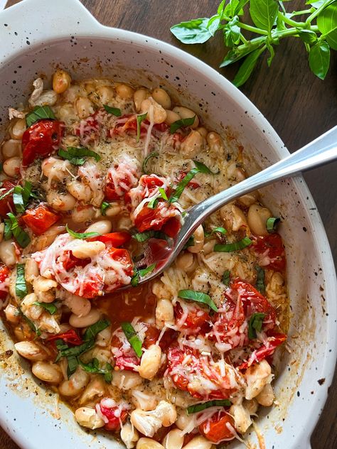 ROASTED GARLIC & TOMATOES WITH WHITE BEANS Garlicky Sauteed Shrimp With Creamy White Beans And Blistered Tomatoes, Roasted Tomatoes With White Beans And Basil, Marinated White Beans Recipe, Roma Beans Recipes, Roasted White Beans, Small White Beans Recipes, Recipes With Roasted Tomatoes, White Bean Kale Salad, Bean Kale Salad