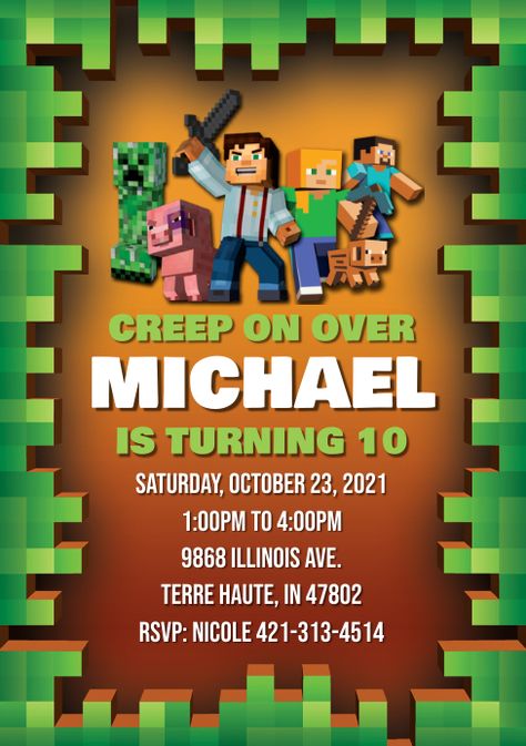 Minecraft Invitations, Minecraft Birthday Invitations, Happy Birthday Template, Minecraft Birthday Party, Birthday Party Crafts, Invitation Video, Birthday Event, Promotional Flyers, Kids Birthday Party Invitations