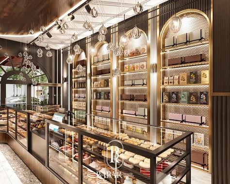 Cake Coffee Shop, Shop Storage Ideas, Cake Shop Interior, Arcade Architecture, Bakery Concept, Pastry Cafe, Q Design, Sauce Packaging, Chocolate Boutique