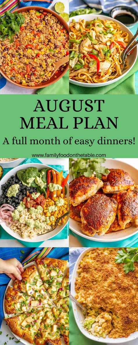 Meals For Week Families, Easy Dinner Week Plan, Budget Friendly Weekly Meal Plan, Easy Weekly Menu Ideas, Dinner Menu For The Month, Simple Weekly Meal Plan Families, Week Recipes Menu Planning, August Meal Calendar, Weeknight Menu Plan