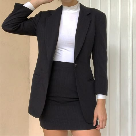 Black Business Skirt Outfits, Suit Attire For Women, Black Office Attire Women, Suit With Skirt Aesthetic, Hot Lawyer Outfits, Business Attire Skirt Blazers, Women’s Skirt Suit, Lawyer Outfit Women Skirt, Women Office Outfits Skirt