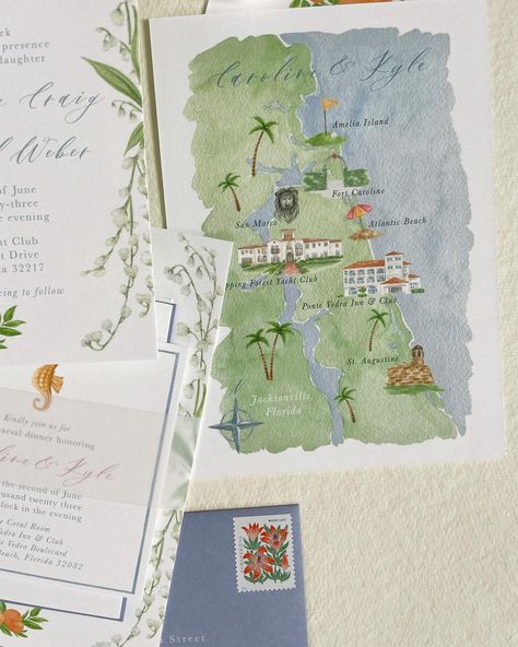 A custom wedding map from 2023, but it’s still one of my favorites, so I have to show it off 💌 the details in this one are so fun! From their gorgeous venue to historic landmarks to fun attractions, this couple included everything in their watercolor map, all wrapped up in a beachy, classic Florida vibe. Each one of these illustrations was hand-painted in my studio and then compiled together to create this stunning custom map! Would you use a custom wedding map on your invitations? Let me k... Wedding Invite Map Illustration, Beachy Wedding Invites, Watercolor Map Wedding, Wedding Map Invitation, Wedding Map Illustration, Watercolor Wedding Invites, Hand Painted Wedding Invitations, Moving Party, Wedding Maps