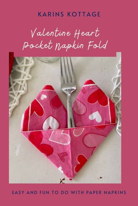 Folding Napkins For Valentines Day, Valentines Napkin Fold, Heart Napkin Fold, Ways To Fold Paper Napkins, Red Tablescape, Valentines Table Decor, Valentine Tablescape, Easy Napkin Folding, Diy Place Cards