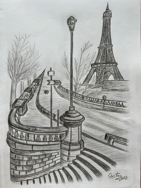 Places To Draw Easy, How To Draw Effiel Tower, Place Sketch Drawing, Effile Tower Sketch, France Drawing Sketches, Paris Drawing Sketches Easy, Sketch Ideas Scenery, Drawing Places Sketches, Eiffel Tower Drawing Sketches