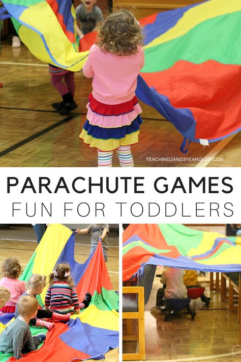 These parachute games are guaranteed to keep toddlers moving! They can focus on rhythm and listening skills while working together to move the parachute in different ways. A fun gross motor activity! #parachute #grossmotor #toddlers #toddlerlife #play #AGE2 #teaching2and3yearolds Preschool Gym, Parachute Games, Gross Motor Activity, Preschool Music, Gross Motor Activities, Movement Activities, Motor Skills Activities, Games For Toddlers, Music Activities