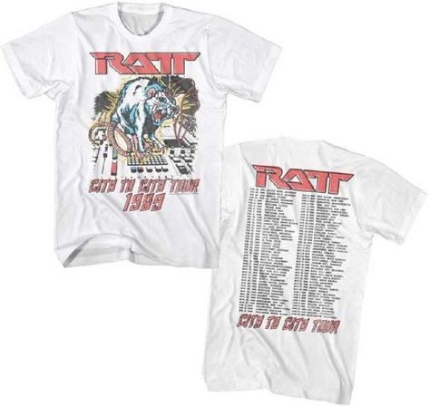 Our vintage Ratt concert t-shirt is from the band's 1989 City to City Tour. Performed to promote their album Reach for the Sky, this tour wasn't successful as the musical landscape was changing from that of glam metal to a rawer sound. Made from 100% white cotton with washed out graphics for a vintage look, this men's unisex tee shows an image of a rat on top of a mixing board, on the front, while the back lists the tour dates and cities. #ratt #stephenpearcy #bandtees #rockerrags 1989 Tour, Vintage Rock, Rock T Shirts, Concert Tees, Concert Tshirts, Tour Dates, Band Shirts, Shirt White, White T