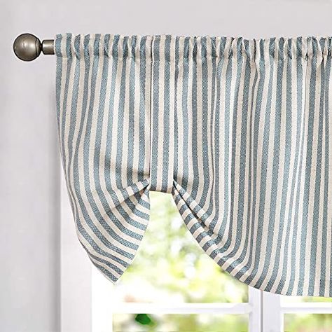 Pinstripe Curtains, Curtain For Kitchen, Kitchen Window Valances, Valances For Living Room, Linen Valances, Tie Up Valance, Tie Up Curtains, Curtains For Kitchen, Bathroom Window Curtains