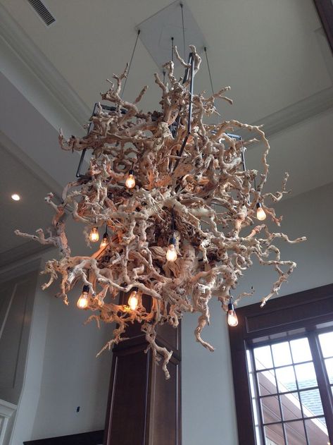 Suspended from a 30' high ceiling in a country club in Georgia, this custom chandelier is comprised of 500lbs of grape vine branches from a winery Tecture is a San Diego based Design and Fabrication studio focused on innovative and comprehensive design solutions. Vine And Branches, Custom Chandelier, Branch Decor, Art Installations, Design Solutions, High Ceiling, Country Club, Installation Art, Grape Vines