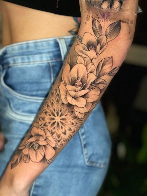 Flowers Tattoo Half Sleeve, Floral Mandala Tattoo Forearm, Mandala Lily Flower Tattoo, Mandela With Flowers Tattoo, Mandela Tattoo Forearm, Mandala Floral Tattoo Design Forearm, Flowers With Mandala Tattoo, Peonies And Mandala Tattoo, Mandala Flower Sleeve Tattoo