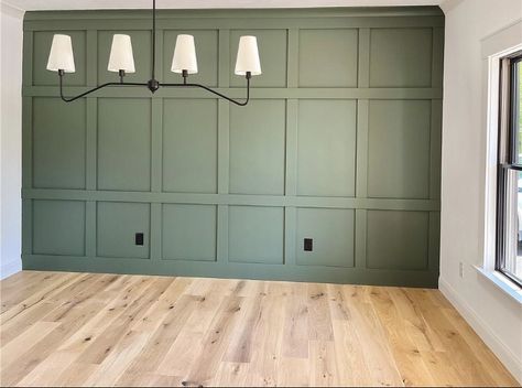 Olive Green Board And Batten Wall, Sage Green Board And Batten Wall, Green Board And Batten Wall, Board And Batten Wall Ideas, Green Board And Batten, Batten Wall Ideas, Dining Room Paneling, Green Kitchen Walls, Black Leather Couch