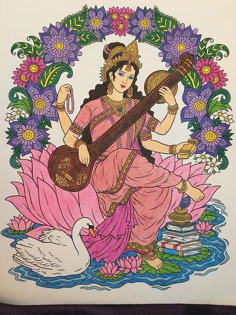 Saraswati Painting, Music Science, Goddess Of Knowledge, Buddha Art Drawing, Easy Mandala Drawing, Boho Art Drawings, Hindu Goddess, Cute Sketches, Meaningful Drawings