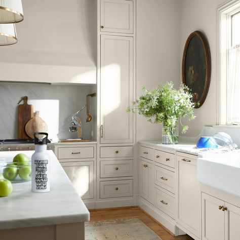 Benjamin Moore Kitchen Cabinet Colors, Benjamin Moore Gray Mist, Old House Aesthetic, Sink Kitchen Island, Designer Paint Colors, Benjamin Moore Kitchen, Benjamin Moore Gray, Cabinet Trim, Popular Paint Colors