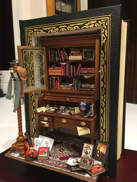 Adventures of Sherlock Holmes altered book by Dawn Morehead Book Diorama, Bookshelf Inserts, Room Box Miniatures, Bookshelf Art, Studying Motivation, Altered Book Art, Amazing Books, Book Sculpture, Room Boxes