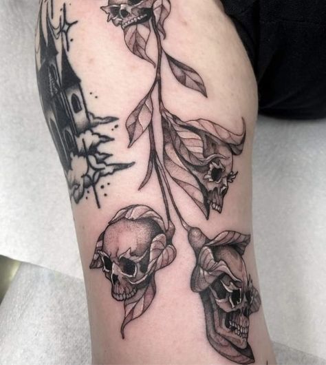 Skull Vines Tattoo, Spooky Plant Tattoo, Necromancy Tattoo, Skull Wrist Tattoo, Skull Plant Tattoo, Snap Dragon Tattoo, Snapdragon Tattoo, Creepy Flowers, Wrap Around Ankle Tattoos