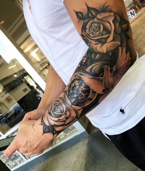 Rose and dove tattoo done by @tattoo_angelo | www.otziapp.com Mangas Tattoo, Cool Half Sleeve Tattoos, Rose Tattoo Sleeve, Sleeve Tattoos For Guys, Rose Tattoos For Men, Octopus Tattoos, Men Tattoos Arm Sleeve, Forarm Tattoos, Forearm Sleeve Tattoos