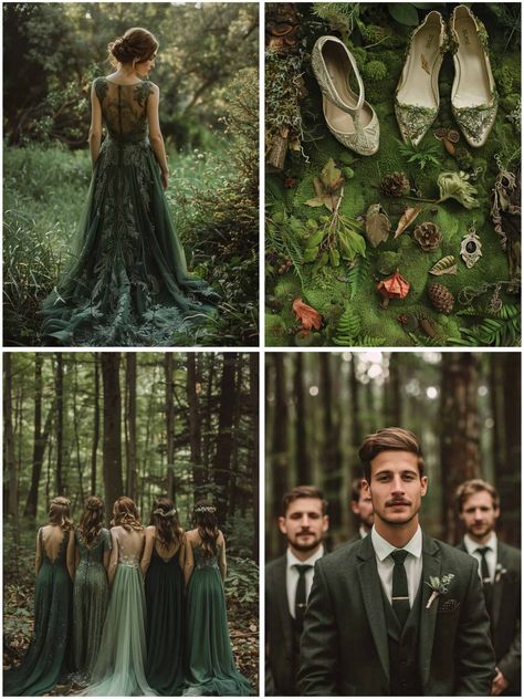 Wedding Dark Forest, First Green Wedding, Inside Forest Wedding, God Of The Woods, Dream Mountain Wedding, Forest River Wedding, Dark Green Woodsy Wedding, Moss Green Wedding Dress, Wedding Dress Forest Theme