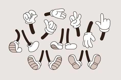 How To Draw Retro Cartoons, How To Draw Hands Cartoon, Rubber Hose Style Art, Cartoon Bodies, Cartoon Legs, Cartoon Gloves, Cartoon Hands, Shoes Cartoon, Cartoon Body