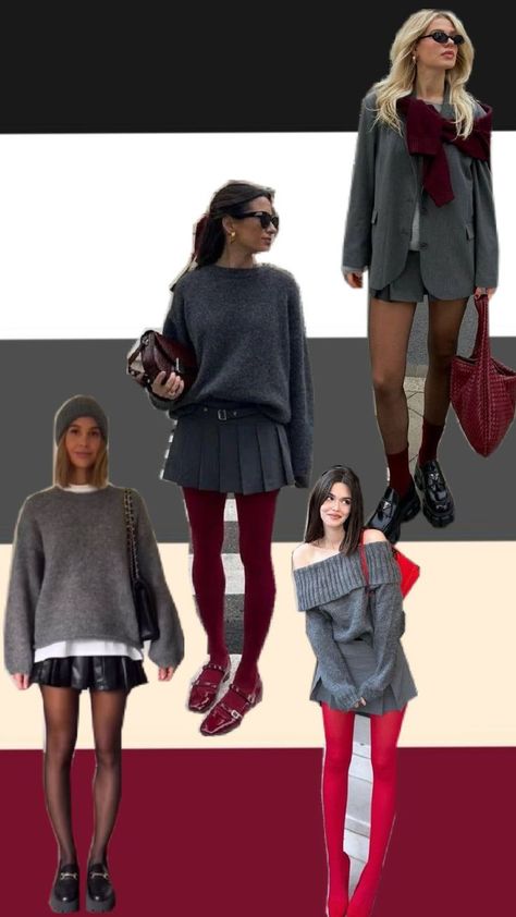 Gray Tights Outfit, Gray Skirt Outfit, Gray Tights, Grey Sweater Outfit, Oak House, Red Tights, Red Stockings, Grey Skirt, Navy Outfit