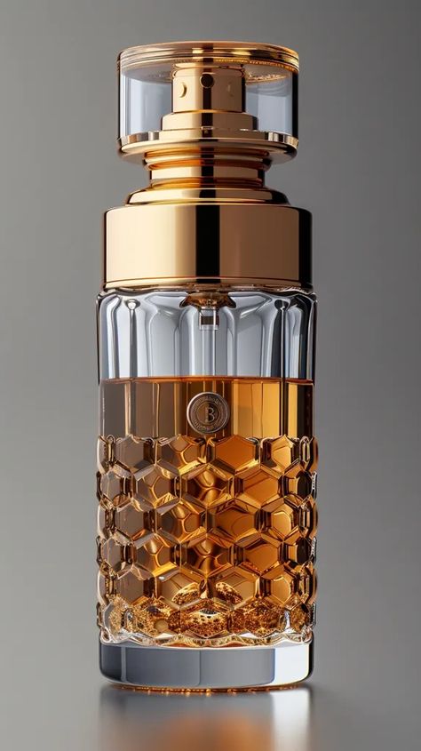 Transparent perfume bottle with golden cap and honeycomb pattern. Luxury Perfume Bottle Design, Unique Perfume Bottles, Luxury Bottle Packaging, Fragrance Bottle Design, Kate Spade Perfume, Product Animation Video, 3d Product Animation, Bottle Design Packaging, Perfume Bottle Design