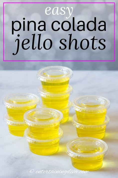 Made with Malibu rum and pineapple jello, these easy pina colada jello shots taste like a tropical drink! And with only two ingredients, it's a super simple recipe that's perfect for summer parties. Yellow Jello Shots, Pina Colada Jello Shots Recipe, Best Jello Shot Recipes, Pina Colada Jello Shots, Rum Jello Shots, Best Jello Shots, Jello Shots Recipe, Pineapple Jello, Malibu Coconut