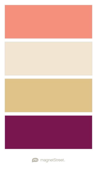 Coral, Champagne, Gold, and Sangria Wedding Color Palette - custom color palette created at MagnetStreet.com Custom Refrigerator, Champagne Wedding Colors, Gold Wedding Colors, בר מצווה, Coral Wedding, Theme Color, Coral And Gold, Peach Wedding, Coral Peach