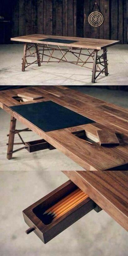 Creative :) Wooden Desk Ideas, Work Table Design, Wooden Work Table, Table Design Wooden, Wood Table Tops, Wooden Desks, Wood Table Design, Furniture Design Wooden, Bachelor Pad