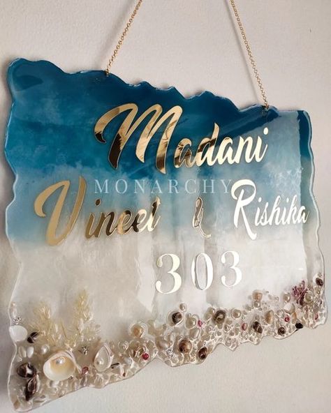 Ocean themed resin name-plate. Monarchy. Wedding Name Plate Design, Resin Art Name Plate Design, Resin Theme Ideas, Resin Art Logo Design, Resin Art Home Decor, Raisin Art Name Plate, Epoxy Name Plate, Resin Plates Diy, Ocean Theme Wedding Ideas