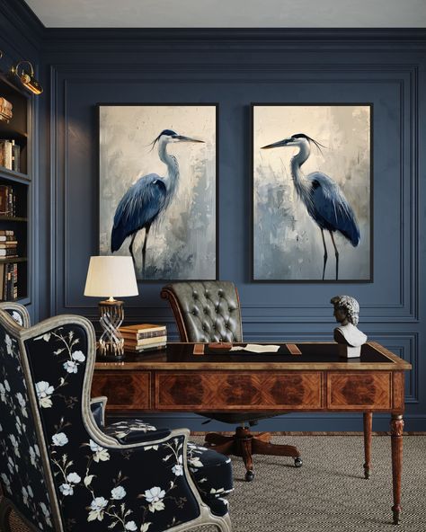 Enhance your coastal decor with this stunning Set of 2 Blue Herons Wall Art. These abstract heron paintings capture the graceful beauty of coastal birds, adding a touch of elegance to any room. Each canvas print is meticulously crafted, showcasing the fluid lines and vibrant hues of the blue herons. Available framed and ready to hang, this artwork offers a convenient and stylish way to elevate your living room, bedroom, or office decor. The abstract design and coastal theme make these prints a perfect addition to both modern and traditional interiors. Enjoy the serene and sophisticated charm of these heron paintings, and let them bring a sense of tranquility to your home. This is a SET OF TWO paintings! MEASURE YOUR SPACE! Measure your space well! Ask for a FREE mockup if unsure, because R Ocean Birds Painting, Blue Heron Painting Acrylics, Blue Heron Painting, Blue Heron Art, Heron Wall Art, Chinoiserie Prints, Birds Wall Art, Heron Art, Coastal Birds