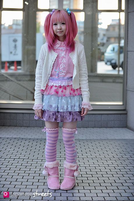 121103-3871 - Japanese street fashion in Shibuya, Tokyo A Dress, Pink Hair, Harajuku, Tokyo, Tights, Japan, Building, Boots, Hair