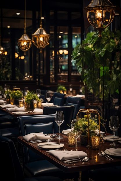 Elegant restaurant interior with dark wood tables and chairs green plants and glowing lanterns | Premium AI-generated image Fine Dining Restaurant Decor, Restaurant Table Decor Ideas, Dark Restaurant Interior Design, Green Interior Restaurant, Dark Academia Restaurant, Dark Green Restaurant, Moody Restaurant Interior, Dark Restaurant Interior, Green Restaurant Interior