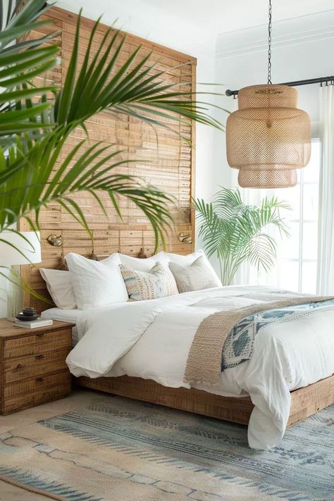 Rattan Decor Bedroom, Tropical Headboard Ideas, Coastal Boho House Exterior, Luxury Tropical Interior, Tropical Room Ideas Bedroom, Tropical Headboard, Rattan Bedroom Ideas, Tropical Boho Bedroom, Boho Colonial