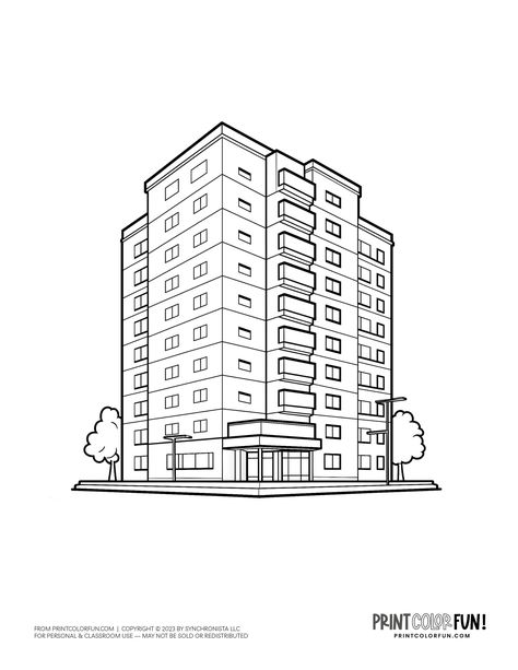 Tall apartment buiilding hotel coloring page from PrintColorFun com (3) Apartment Building Illustration, Apartment Drawing Sketch, Tall Building Drawing, Apartment Building Drawing, Building Drawing Easy, Apartment Sketch, Building Outline, Building Clipart, Hotel Drawing