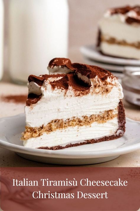 A rich and creamy dessert blending classic tiramisu with cheesecake, perfect for Christmas celebrations. Tiramisu Recipe Christmas, Amaretto Dessert Recipes, Tirimasu Recipes, Eggnog Tiramisu, Treats To Give As Gifts, Elegant Christmas Cookies, Christmas Fare, Italian Christmas Desserts, Dessert Recipes Christmas