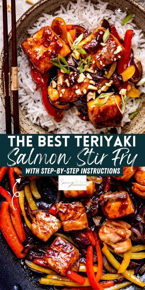 Salmon And Shrimp Rice Bowl, Teriyaki Salmon Stir Fry, Teriyaki Salmon Bowl Recipe, Easy Salmon Dinner Recipes, Teriyaki Salmon Bowl, Seafood Stir Fry, Easy Salmon Dinner, Salmon Stir Fry, Salmon Dinner Recipes