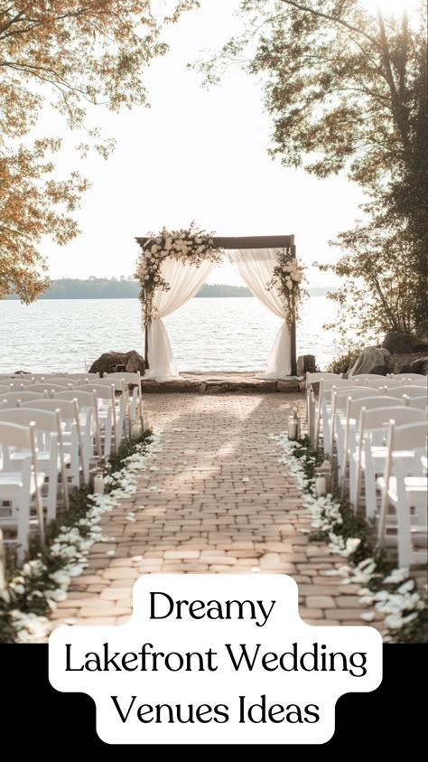 Beautiful lakefront wedding venue with serene waterfront views, perfect for a romantic outdoor celebration. Lakefront Wedding Reception, Wedding By The Lake, Dock Wedding Ceremony, Wedding Venue Ideas, Lake Wedding Ideas, Lake View Wedding, Lake Wedding Ceremony, Dock Wedding, Lake District Wedding