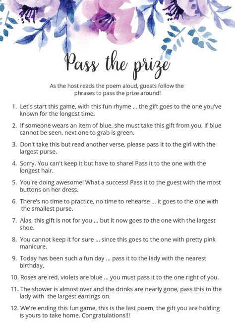 Pass the Prize | Lavender Floral Bridal Shower Printable Games Prizes For Bridal Shower Games, Bridal Shower Pass The Prize Game, Pass The Prize Birthday Game, Pass The Prize Bridal Shower Game, Pass The Parcel Ideas, Interactive Bridal Shower Games, Pass The Prize Baby Shower Game, Bridal Shower Games Pass The Prize, Baby Shower Games Pass The Prize