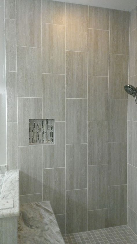 MASTER BATHROOM - Complete remodel 12" x 24" Vertical Tile - Contemporary - Bathroom - Austin - by Custom Surface Solutions | Houzz Vertical Shower Tile, Shower Tile Patterns, Vertical Tile, Grey Bathroom Floor, Craig Thompson, Diy Bathroom Design, Luxury Bathroom Master Baths, Shower Wall Tile, Tile Layout