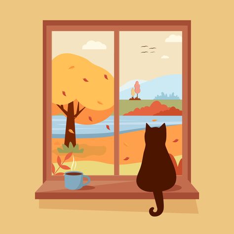 Autumn Window Illustration, Cute Window Illustration, Windows Illustration Drawing, Window Sill Illustration, Cozy Cat Drawing, Cat Window Illustration, Cat In Window Illustration, Cozy Animation, Cozy Graphic Design